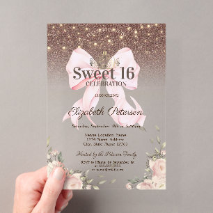 Lights, Pink Bow Flowers Glitter Sweet 16 Acrylic Invitations