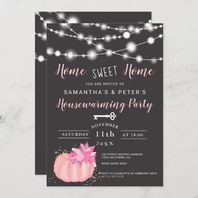 Lights pink floral pumpkin housewarming party invitation (Front/Back)