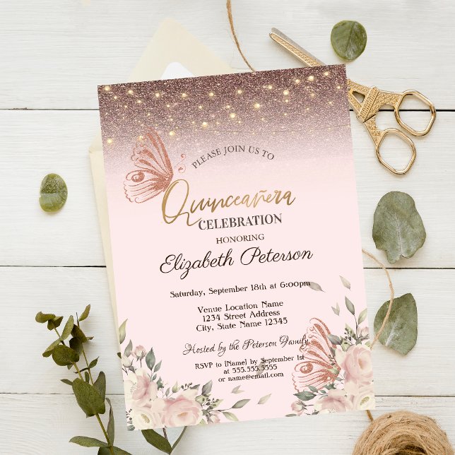Lights,Pink Flower Glitter Butterflies Quinceañers Invitation (Creator Uploaded)