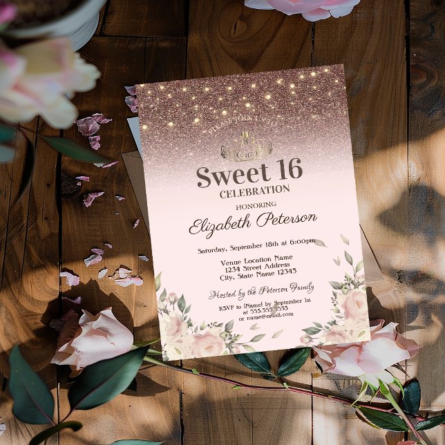  Lights, Pink Flowers Glitter Sweet 16 Invitation (Creator Uploaded)