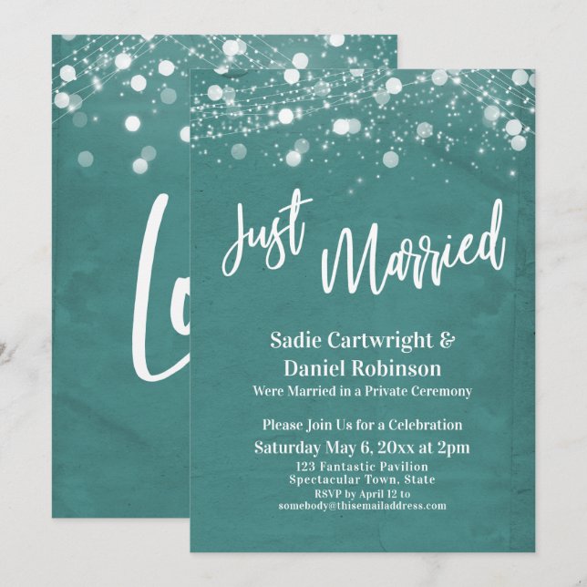 Lights Textured Just Married Teal Reception-Only Invitation (Front/Back)