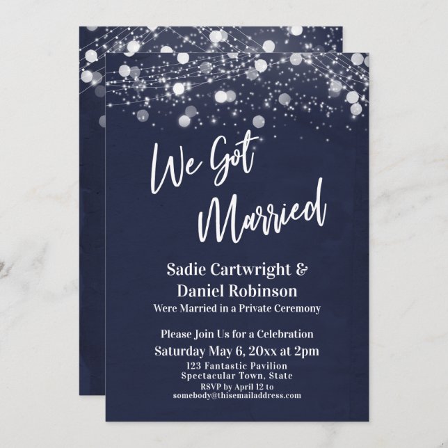 Lights Textured We Got Married Navy Reception-Only Invitation (Front/Back)