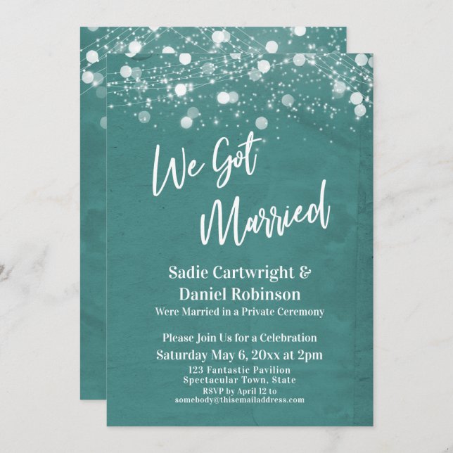 Lights Textured We Got Married Teal Reception-Only Invitation (Front/Back)