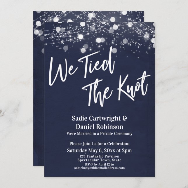 Lights Textured We Tied the Knot Navy Reception Invitation (Front/Back)