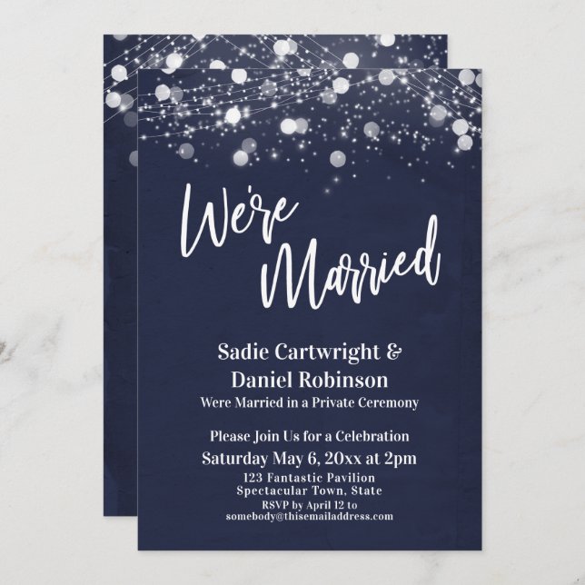 Lights Textured We're Married Navy Reception-Only Invitation (Front/Back)