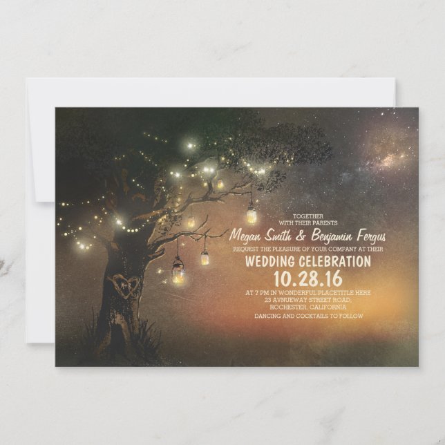 Lights Tree & Mason Jars Rustic Wedding Invitation (Front)