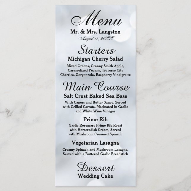 Lights White Silver Sparkle Glitter Reception Menu (Front)