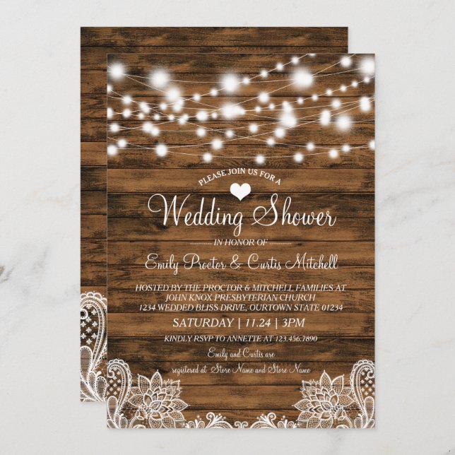 Lights Wood & Lace Wedding Shower Invitation (Front/Back)