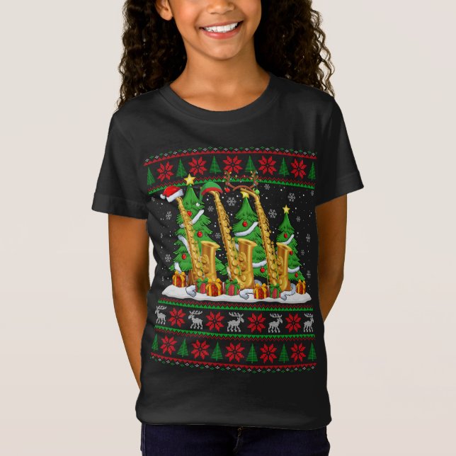 Lights Xmas Sweater Style Ugly Santa Saxophone Chr (Front)