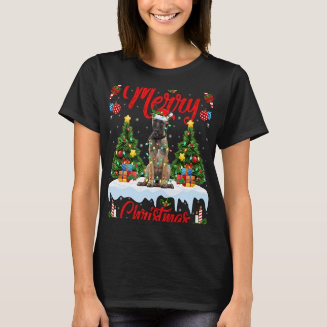 Lights Xmas Tree Santa Belgian Malinois Dog Christ T-Shirt (Front)