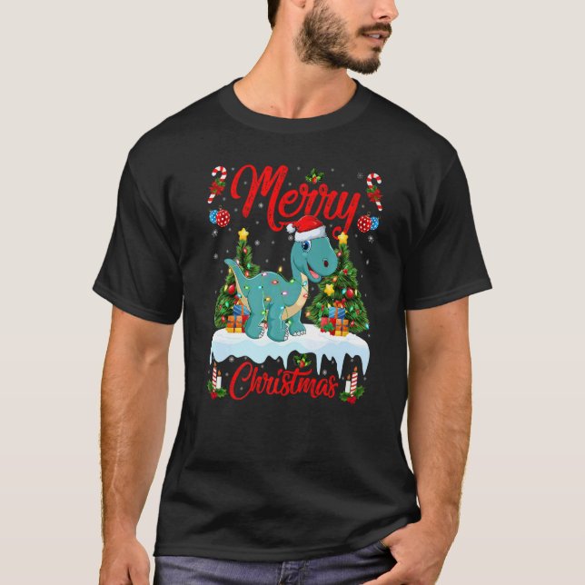 Lights Xmas Tree Santa Brontosaurus Dinosaur Chris T-Shirt (Front)