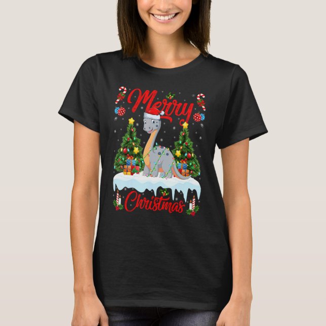 Lights Xmas Tree Santa Diplodocus Dinosaur Christm T-Shirt (Front)