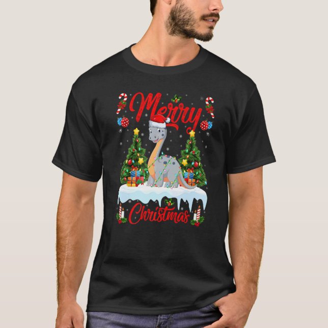Lights Xmas Tree Santa Diplodocus Dinosaur Christm T-Shirt (Front)