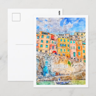 Liguria Italy Famous Travel Watercolor Sketch Postcard