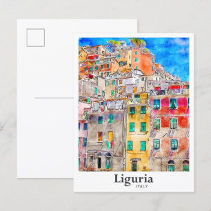 Liguria Italy Travel Watercolor Hand Drawn Postcard