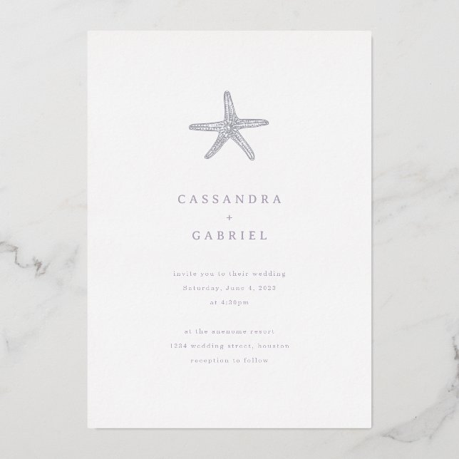 Lihue Wedding Silver Starfish Foil Invitation (Front)