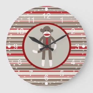 Like a Boss Sock Monkey with Tie on Red Stripes Large Clock