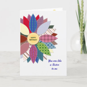 Like a sister to me, stiched flower birthday card
