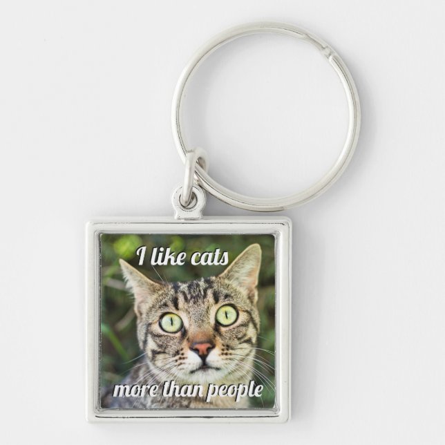 Like cats more than people green-eyed cat close-up key ring (Front)