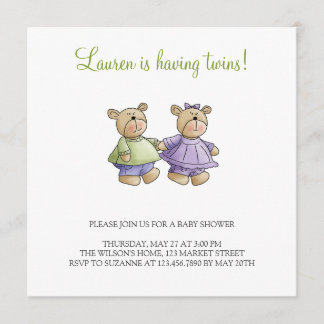 Lil' Bears · Baby Twins Green & Purple Invitation