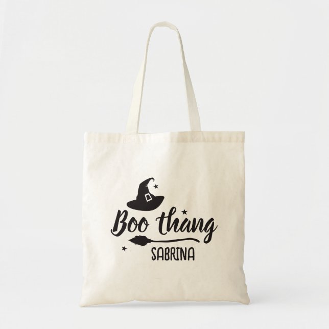 Lil Boo Thang, Wicked Witch Hat, Broom, Halloween Tote Bag (Front)