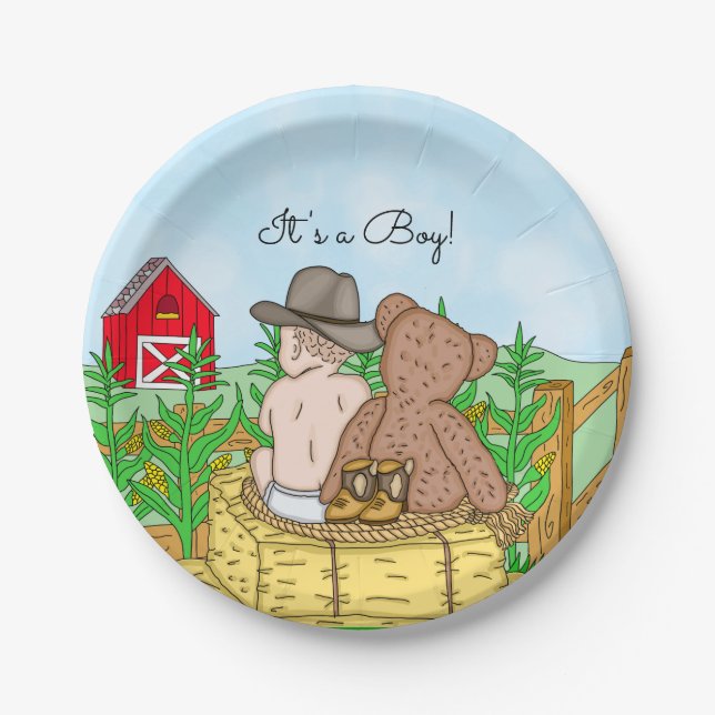 Lil' Cowboy and Teddy Bear Baby Shower Paper Plate (Front)