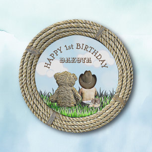 Lil' Cowboy and Teddy Bear Boy's  First Birthday Paper Plate