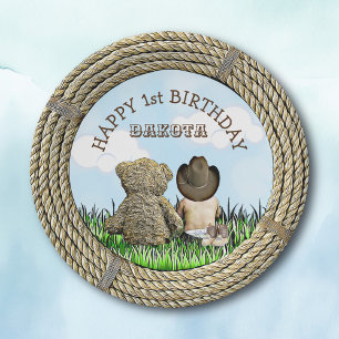 Lil' Cowboy and Teddy Bear Boy's  First Birthday Paper Plate