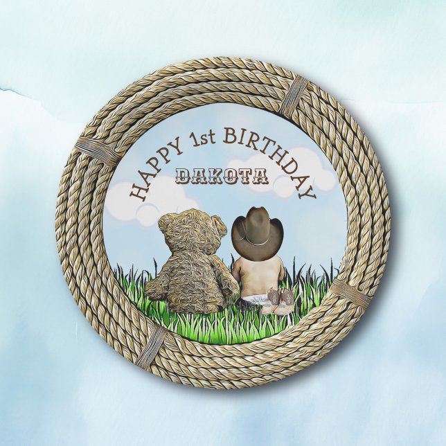 Lil' Cowboy and Teddy Bear Boy's  First Birthday Paper Plate (Creator Uploaded)