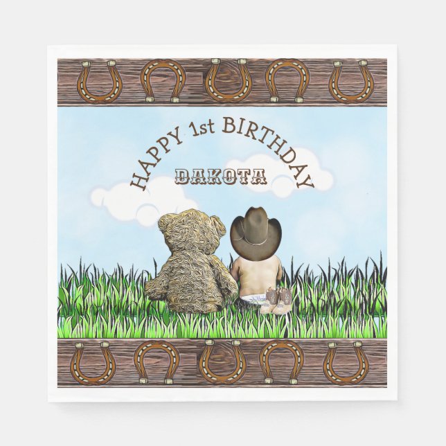 Lil' Cowboy and Teddy Bear First Birthday Napkin (Front)
