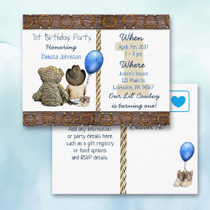 Lil Cowboy Baby Boy and Teddy Bear 1st Birthday Invitation Postcard