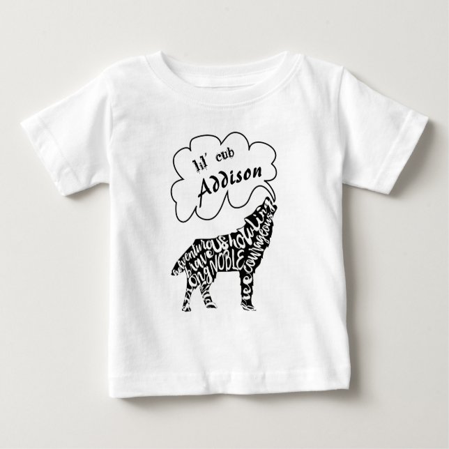 Lil' Cub Your Child's Nam and Wolf with Wolf Words Baby T-Shirt (Front)