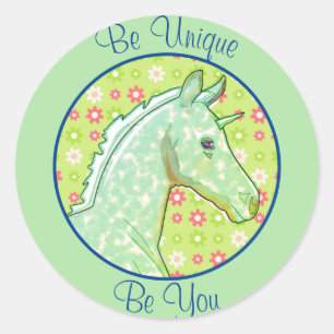 Lil Green Palomino Unicorn (green w/flowers) Classic Round Sticker