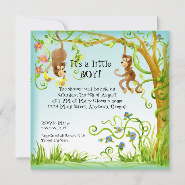 Lil Monkey, Boy Baby Shower Invitation (Front)
