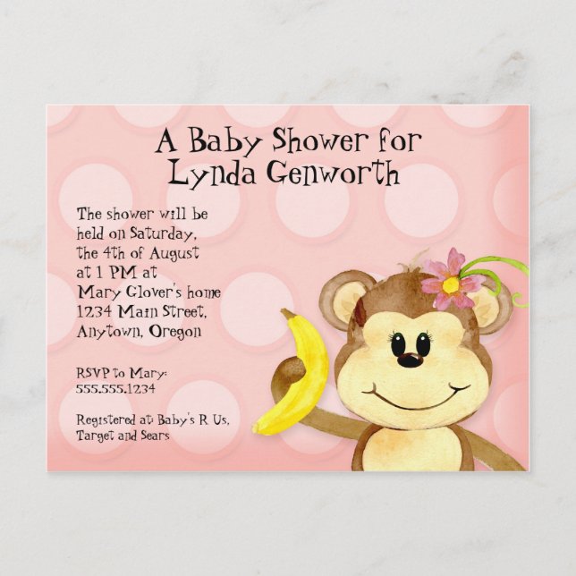 Lil Monkey, Girl Baby Shower Post Card Invite (Front)