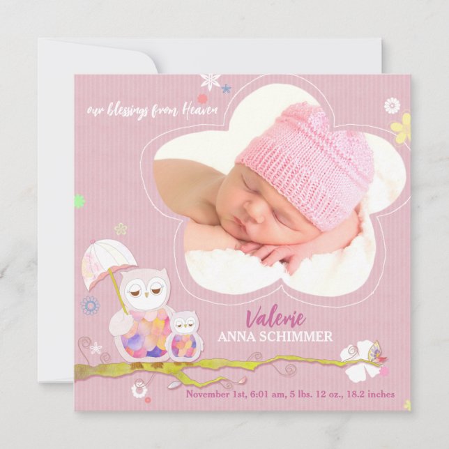 Lil Owls Pink Baby Girl Photo Birth Announcement (Front)