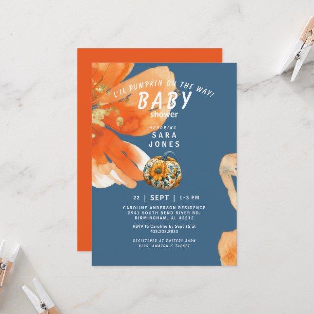 L'il Pumpkin on the Way Vibrant Baby Shower Invitation (Front/Back In Situ)