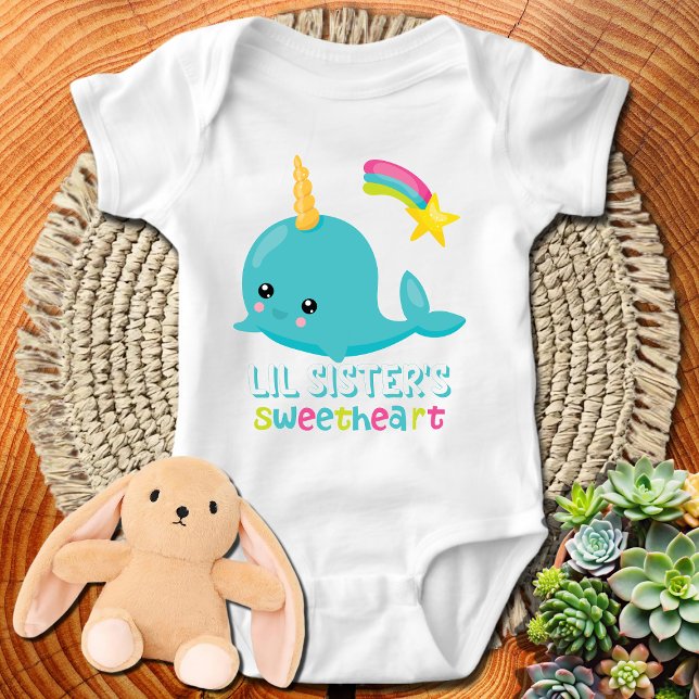 Lil' Sister's Sweetheart Blue Kawaii Narwhal  Baby Bodysuit (Creator Uploaded)