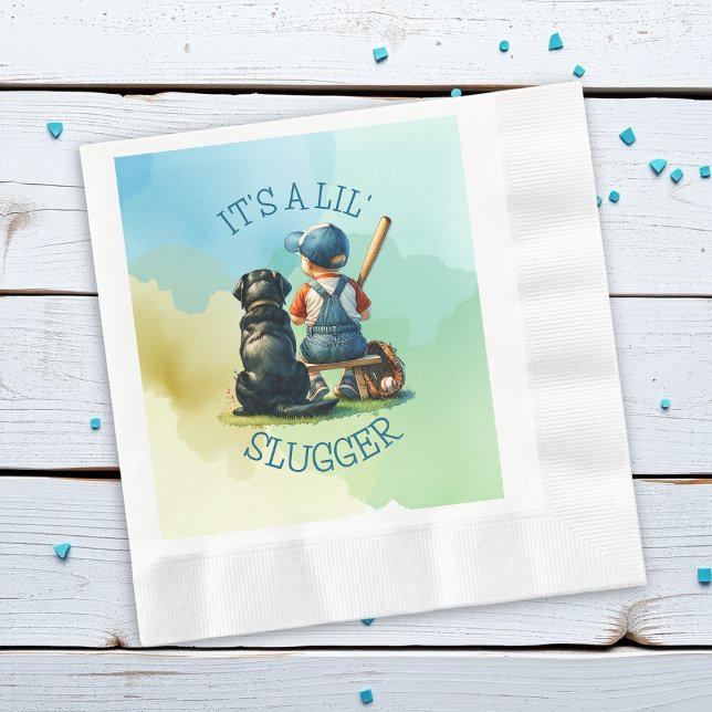 Lil' Slugger with his Dog | Boy's Baby Shower Napkin (Creator Uploaded)