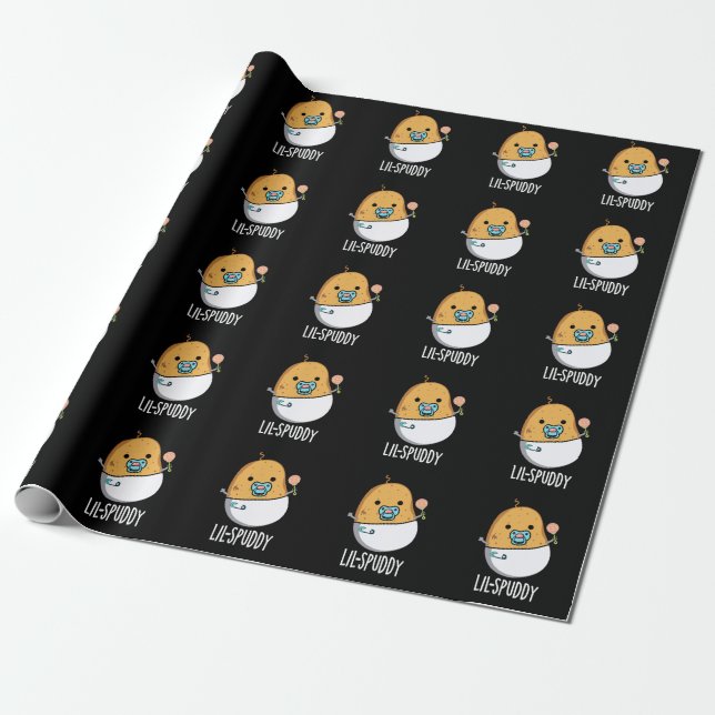 Lil-spuddy Funny Potato Pun Dark BG Wrapping Paper (Unrolled)