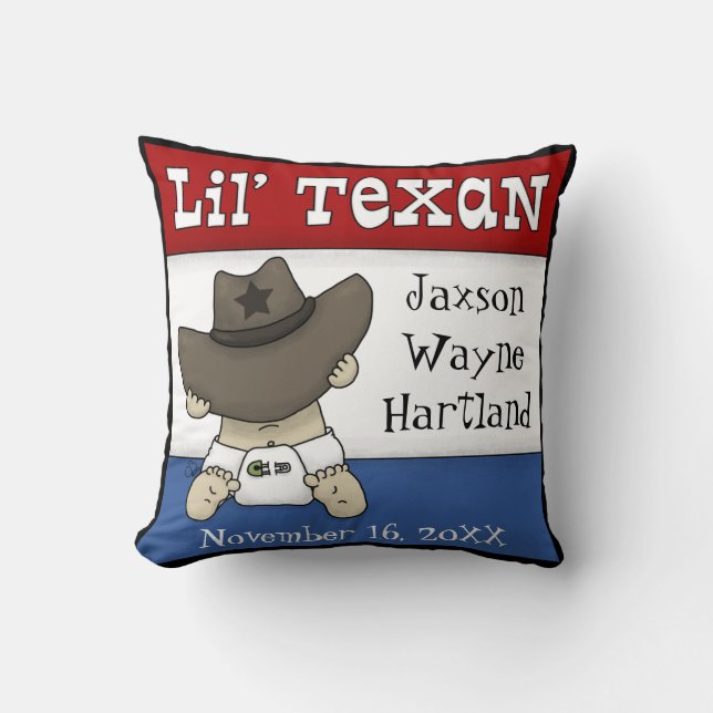 Lil’ Texan Personalised Name and Birthdate Cushion (Front)