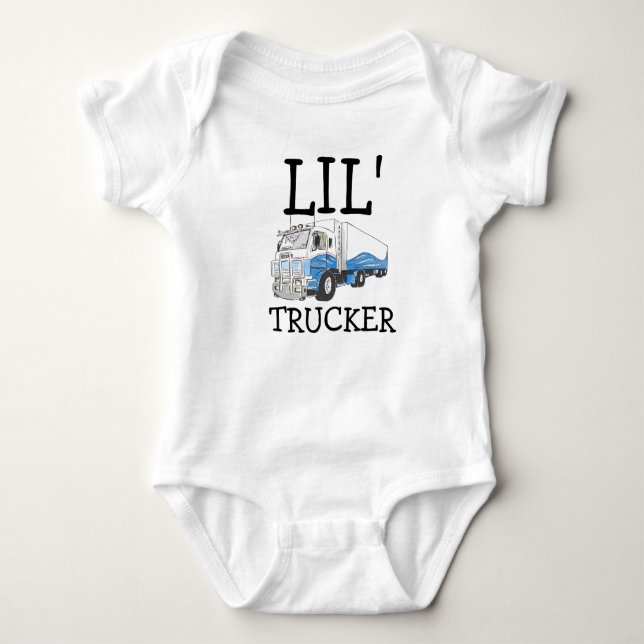 "Lil' Trucker" pun cute big rig truck Baby Bodysuit (Front)