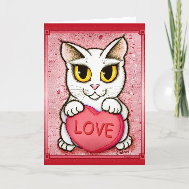 Lil Valentine White Cat Candy Heart Love Art Card (Front)