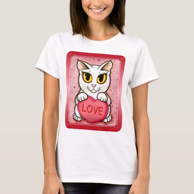Lil Valentine White Cat Candy Heart Love T-Shirt (Front)