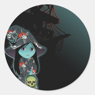 Lil' Witch in Pirate Skull Robe Halloween Classic Round Sticker