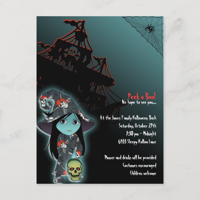 Lil' Witch in Pirate Skull Robe Halloween Invite (Front)