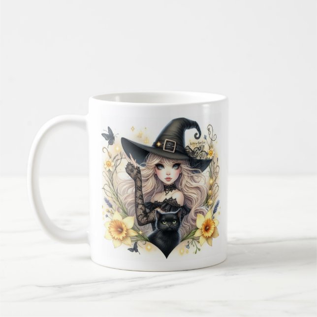 Lil Witch with Black Cat  daffodils Coffee Mug (Left)