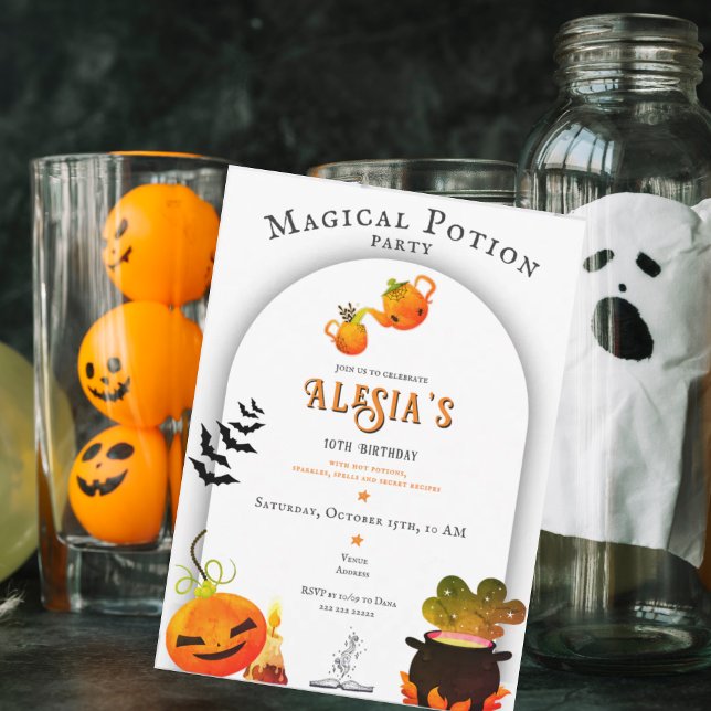 Lil' Wizards Witches & Potions Halloween Birthday Invitation (Wizards Witches Magical Potions Halloween Cauldron Pumpkin Birthday Invitation)