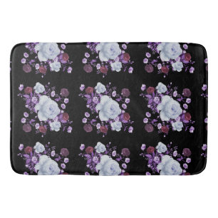 LILA FLOWERS,BLACK BACKGROUND BATH MAT
