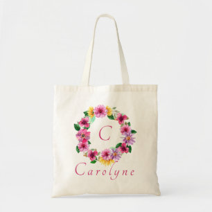 Lila Pink Floral Bridesmaid Monogram Name  Tote Bag